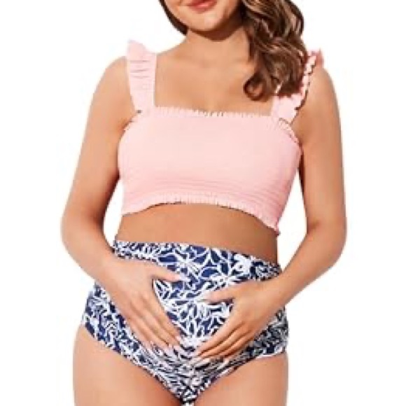 Summer Mae Other - Maternity Pink Ruffle Navy Blue Floral Bikini Swimsuit Set High Waist, Size M